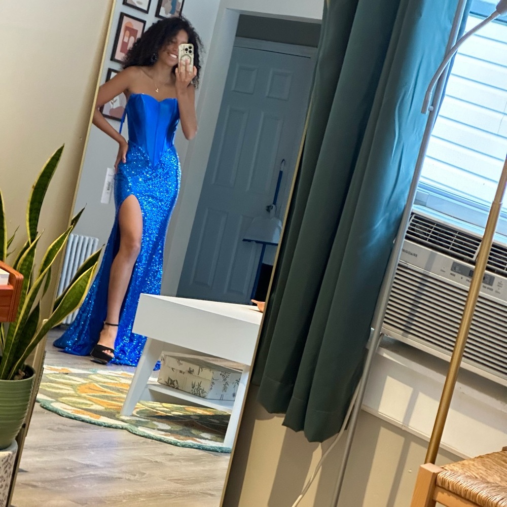 Portia and Scarlett Royal Blue Sequin Strapless Prom Gown with Thigh Slit